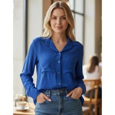 Imagem de Camisa Feminina Social De Manga Longa Elegante Com Bolsos Frontais Alfaiataria Linho Com Botão Punho-Feminino