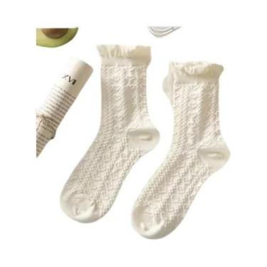 Imagem de Meias Lolita Brancas Com Bordado De Laço Rosa, Meias Casuais Kawaii Ha