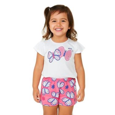 Imagem de Conjunto Meninas Blusa Branca Borboletas com Brilho e Short Rosa Kyly,