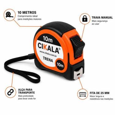 Imagem de Trena Manual 10 Metros Fita 25 mm com Trava e Alça para Medição Constr