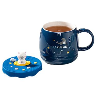 Imagem de Caneca de astronauta com colher de urso cerâmica xícara de café infantil desenho animado leite xícara de chá presente de aniversário escritório casa (selo do mar de urso)