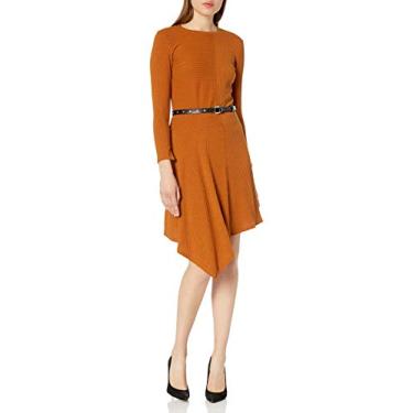 Imagem de Sam Edelman Vestido feminino de malha midi com cinto assimétrico de manga comprida, Caramel, 42