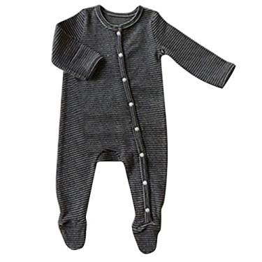 Imagem de Macaquinho de manga comprida para bebês recém-nascidos e meninos listrados de algodão para outono (preto, 0-6 meses)