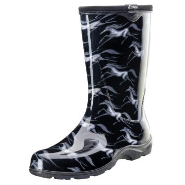 Imagem de Sloggers Botas de chuva femininas à prova d'água – Botas fofas de cano médio com palmilha de suporte confortável premium (cavalos voadores pretos), (tamanho 8)