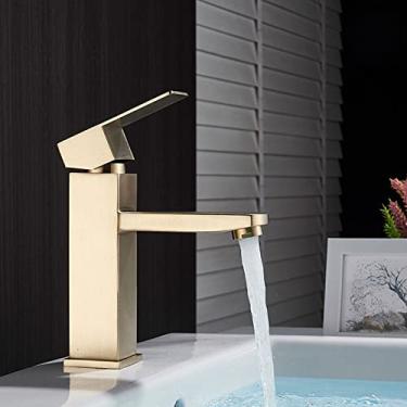 Imagem de Torneira da pia do banheiro preto fosco torneira quente fria misturador guindaste curto ou alto de aço inoxidável quadrado lavar torneiras ouro escovado,3