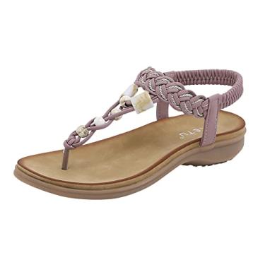 Imagem de Sandálias femininas sólidas com cadarço plataforma moda respirável bico aberto sandálias anabela estilo boêmio sandálias de praia com palmilha macia (e-roxo, 7)