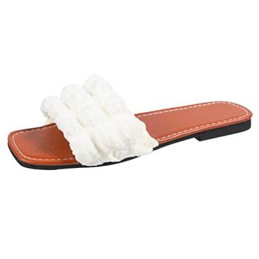 Imagem de Sandálias de dedo aberto respiráveis para mulheres moda verão cor sólida tecido respirável superior quadrado aberto dedo plano chinelos (branco, 6,5)