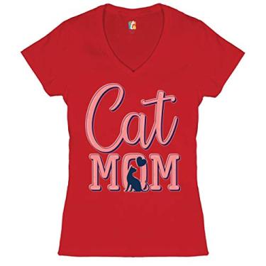 Imagem de Camiseta feminina Cat Mom gola V Dia das Mães I Love My Cat Mommy Pet Lover, Vermelho, P