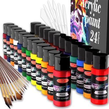 Imagem de Conjunto de tinta acrílica de 24 cores, frascos de 60 ml com 3 pincéis, tinta acrílica de 24 cores, não tóxica, pigmento rico que não desbota para crianças, adultos, artistas, artesanato, pintura em madeira