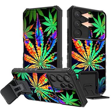 Imagem de Rossy Capa para Samsung Galaxy S23 Ultra, capa híbrida à prova de choque com suporte para câmera deslizante, à prova d'água, folha de maconha