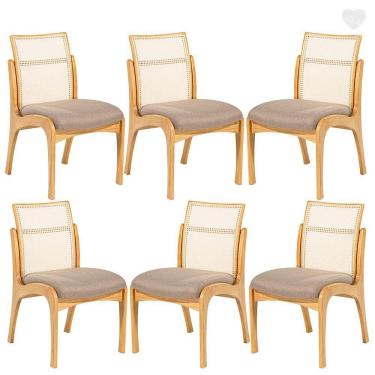 Imagem de Kit 6 Cadeiras de Madeira para Mesa de Jantar com Encosto Rattan Lisboa Linho Marrom L87 RMI