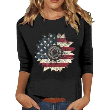 Imagem de Camiseta feminina de 4 de julho, estampa floral, bandeira dos EUA, Dia da Independência, camisetas patrióticas, manga 3/4, Preto, GG