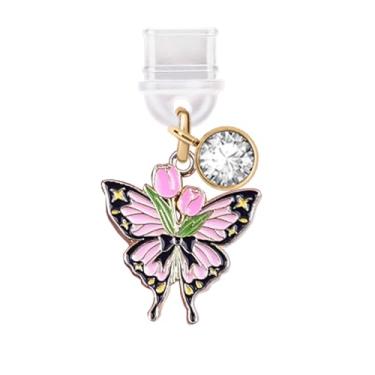 Imagem de ELISE & FONDA TP393 Tipo-C porta de carregamento USB plugue antipoeira borboleta BowTulips pingente de celular para iPhone 15/Samsung/OnePlus/Xiaomi/oppo telefones Android (preto e rosa), approx. 2.2