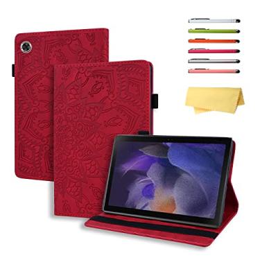 Imagem de UUcovers Capa para Samsung Galaxy Tab A8 de 10,5 polegadas 2022 (SM-X200/X205/X207) com suporte/porta-lápis/bolso para cartão/faixa elástica [padrão em relevo], capa de couro PU, flor Paisley vermelha