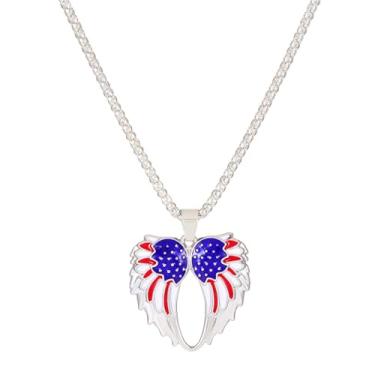 Imagem de Colar de strass com bandeira dos EUA patriótico vermelho branco azul esmaltado bandeiras americanas coração anjo asa colar para mulheres e homens independência Memorial Day 4 de julho joias modernas