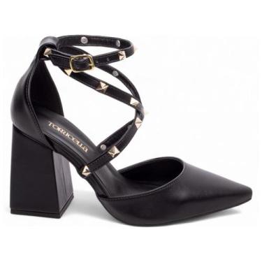 Imagem de Sapato Scarpin Preto Salto Médio Grosso Bloco Pirâmides Feminino 8,5 c