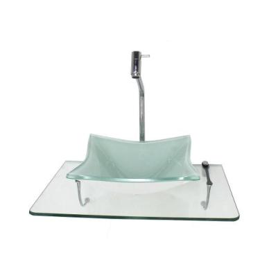 Imagem de Kit Cuba De Vidro Quadrada 10Mm Branca Com Tampo 50Cm - Cubas E Gabine