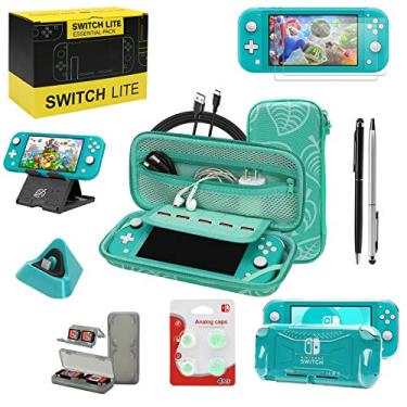 Imagem de Kit de acessórios Switch Lite, kit com estojo de transporte, capa de TPU com protetor de tela, base de carregamento, suporte, capa de jogo, cabo USB, Stylus, tampas de polegar para Nintendo Switch Lite (turquesa)