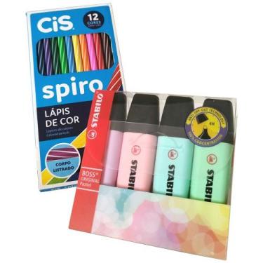 Imagem de 4 Marca Texto Stabilo Boss + 12 Lápis de Cor Spiro CiS