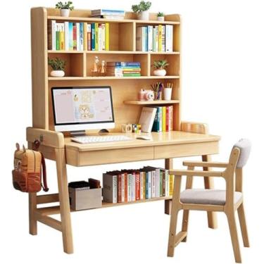 Imagem de Mesa de madeira maciça com estante integrada, ideal para escritório em casa ou quarto (cor: nogueira + cadeira A, tamanho: 120 x 60 x 186 cm), cor de madeira + cadeira B, 80 x 60 x 186 cm