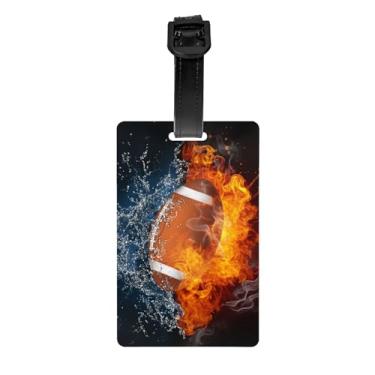 Imagem de Etiquetas de mochila de futebol infantil para meninos, etiquetas de bagagem com tema esportivo para malas, etiquetas legais com fundo de fogo e água, etiquetas de identificação de nome pequeno para