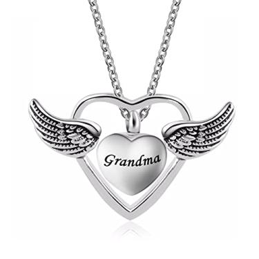 Imagem de LuxglitterLin Colar de urna de cremação de coração duplo para mãe, avó, pai, cinzas, asa de anjo, pingente de lembrança, joia A Piece of My Heart Lives in Heaven, Metal, Cristal sintético