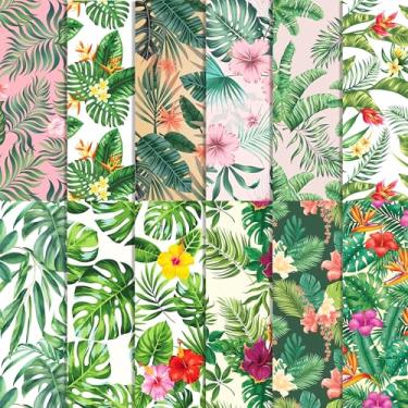 Imagem de 24 folhas de folha de palmeira havaiana bloco de papel 30,5 cm x 30,5 cm havaiano folha de palmeira papel de scrapbook de verão papel de dupla face folhas de palmeira tropical estampado papel