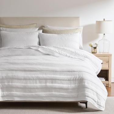 Imagem de Conjunto de colcha queen listrada branca – Colcha leve de ponto palheta com 2 fronhas, coberta macia de cambraia cambraia country texturizada, edredom fino para todas as estações, conjunto de cama de