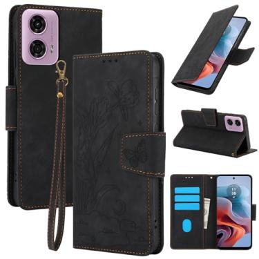 Imagem de Capa carteira de couro com padrão floral para Motorola Moto G24, com 3 compartimentos para cartão e alça de pulso para mulheres, design de TPU à prova de choque com fecho magnético (preto)