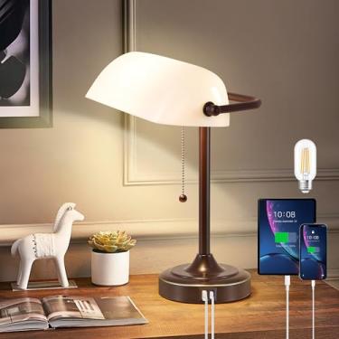 Imagem de EJIAXIN Luminária De Mesa Vintage Bankers Lamp - Luminária De Mesa Retrô Marrom Com Portas De Carregamento Usb E Tipo C, Interruptor De Corrente Tradicional, Lâmpada De Biblioteca Para Casa, Escritó