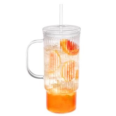 Imagem de erichbow Copo de vidro canelado de 947 ml com alça de tampa de vidro e canudo de plástico, copo de vidro, xícaras de café gelado bebidas quentes/frias