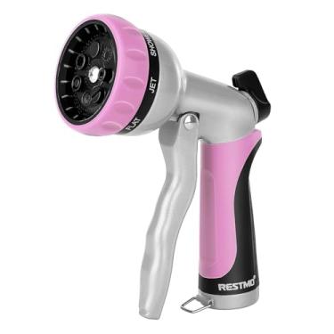 Imagem de RESTMO Bocal de mangueira de jardim, bocal de mangueira de água de metal resistente com 7 padrões de pulverização ajustáveis, pulverizador manual de alta pressão com controle de fluxo, melhor para