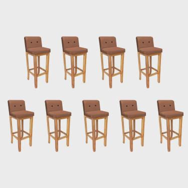 Imagem de Kit 09 Banqueta Alta Com Encosto Aila Balcão Bistrô Base Madeira Maciça Suede Terracota Botão Preto - Ahz Móveis