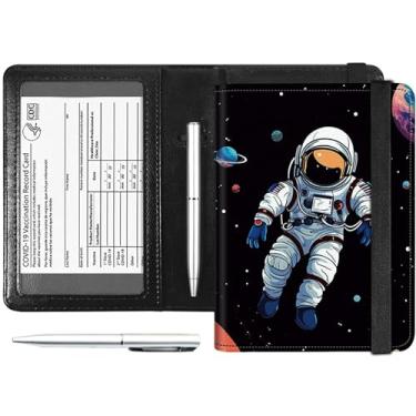 Imagem de Combo de couro PU com bloqueio de RFID para passaporte e cartão de vacina, capa carteira feminina para passaporte de viagem com faixa elástica e caneta, Astronauta no espaço sideral, Carteira RFID