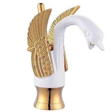 Imagem de Torneira de pia de banheiro em forma de cisne de latão antigo torneira misturadora estilo tradicional com um furo montada no convés, branco dourado alto (branco dourado curto)