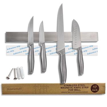 Imagem de Hamletoff Tira de faca magnética premium para parede sem perfuração – Suporte magnético de faca de aço inoxidável de 43 cm com fita adesiva forte - Barra de faca magnética de cozinha com parafusos