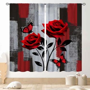 Imagem de Cortinas florais rosas vermelhas, abstratas modernas, românticas, românticas, românticas, românticas, modernas, cortinas de janela blackout para mulheres, meninas, quarto, sala de estar, apartamento