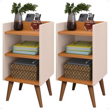 Imagem de Comprar Móveis em Casa, Kit 2 Mesas de Cabeceira Pés Palito estilo retrô Maysa Com porta celular cor Off/Nature - Comprar Móveis em Casa