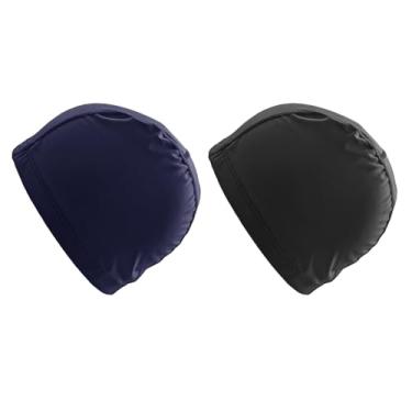 Imagem de TRADERPLUS 2 toucas de natação de tecido PU touca de banho elástica para homens e mulheres (preto + azul escuro)