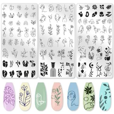 Imagem de beinkmake Conjunto de 3 peças de placas de estampagem de unhas boêmio abstrato, modelos de carimbos de unhas, ponta francesa, rosto feminino, folha, floral, metal, ferramentas reutilizáveis com