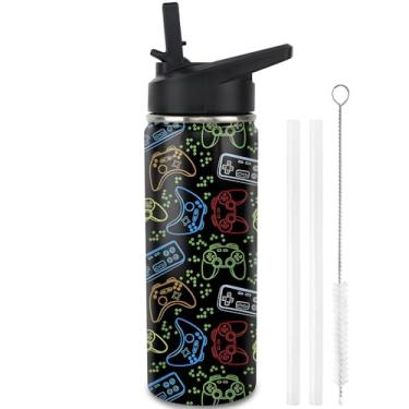 Imagem de Jizrecly Garrafas de água para jogos com canudo, caneca de copo de aço inoxidável isolada de 510 g Presentes para mulheres e meninas amantes de jogos