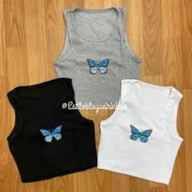 Imagem de Cropped feminino borboleta sem manga malha canelada estilo - filo moda