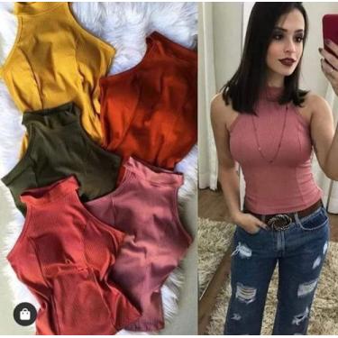 Imagem de Blusa feminina malha canelada gola alta manga cavada com bojo - moda f