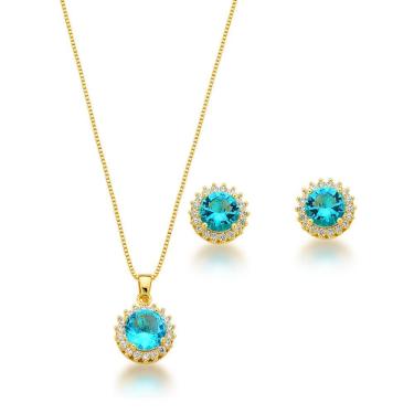Imagem de Conjunto Colar E Brinco Ponto De Luz Azul Turquesa Claro Banhado A Ouro 18k