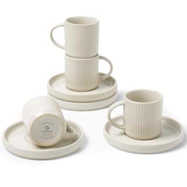 Imagem de famiware Star Espresso Xícaras e Pires Conjunto de 4, Caneca de Café Pequena de Cerâmica de 85 g com Alça, Copo Demitasse de Grés Nervado para Cappuccino, Chá, Latte - Seguro para Microondas e