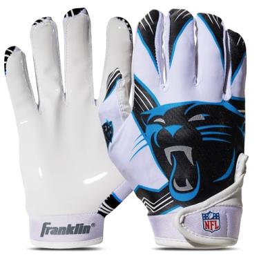 Imagem de Franklin Sports Carolina Panthers Luvas para jovens com receptor de futebol NFL – Luvas receptoras para crianças – logotipos da equipe NFL e palma de silicone – Par juvenil P/PP