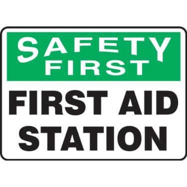 Imagem de Accuform MFSD972VA Placa de segurança de alumínio, legenda "Safety First AID Station", 25,4 cm de comprimento x 35,5 cm de largura, verde/preto em branco