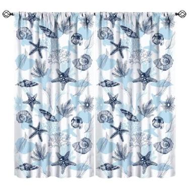 Imagem de Cortinas náuticas costeiras, azul e branco, praia, mar, estrela-do-mar, concha, oceano, padrão coral, cortinas, janela, 2 painéis, cortina de bolso para varão, para meninas, quarto de bebê, decoração