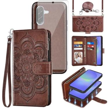 Imagem de Capa de celular para Samsung Galaxy A56 5G carteira com zíper destacável com protetor de tela de vidro temperado alça transversal cordão mandala flor flip porta-cartão A 56 56A LTE mulheres meninas