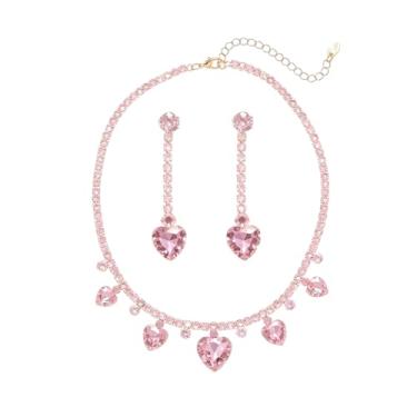 Imagem de Cykdohy Pingente de coração de strass de luxo corrente de tênis gargantilha e brinco conjunto de 2 peças brilhante lindo cristal amor stud noiva casamento dama de honra festa baile moda joias para